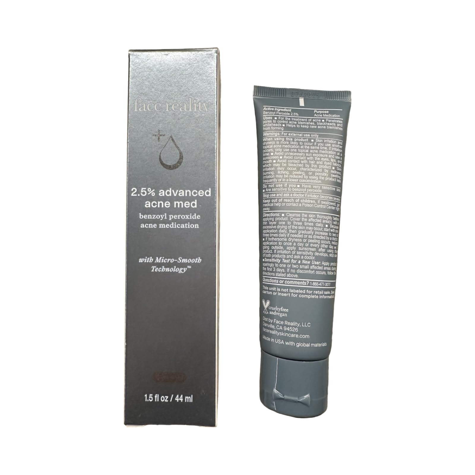 Face Reality 2.5% Acne Med application showing spot treatment for clearer skin.