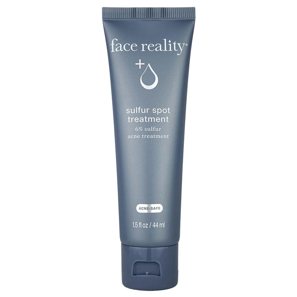 Face Reality Sulfur Spot Treatment tube close-up showing fast-acting blemish reduction for sensitive skin.