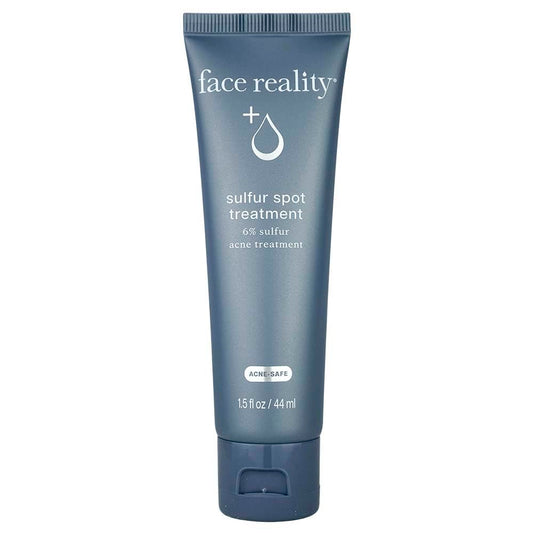 Face Reality Sulfur Spot Treatment tube close-up showing fast-acting blemish reduction for sensitive skin.