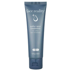 Face Reality Sulfur Spot Treatment tube close-up showing fast-acting blemish reduction for sensitive skin.