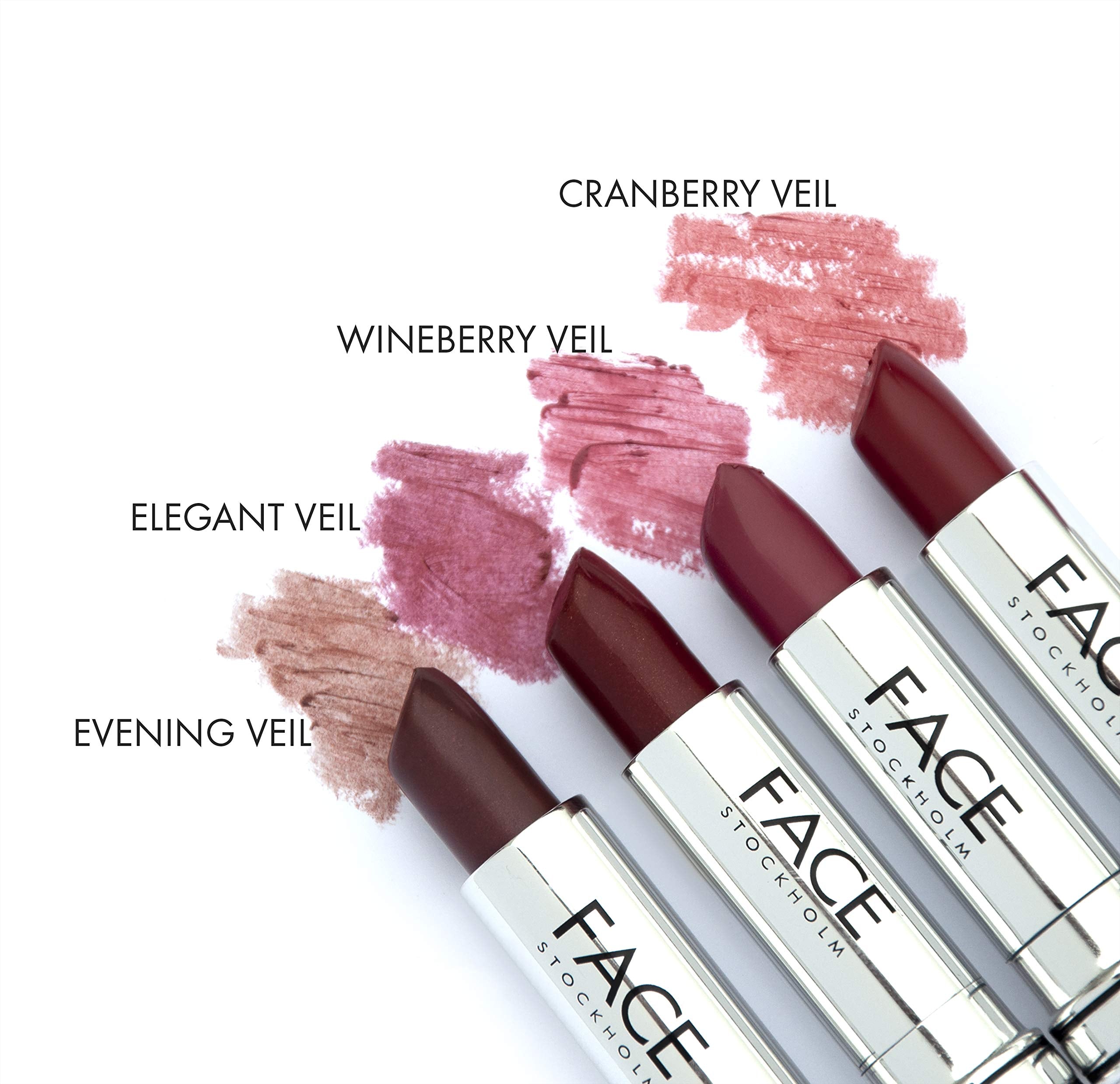 FACE Stockholm Veil Lipstick Cranberry on vanity with soft makeup look