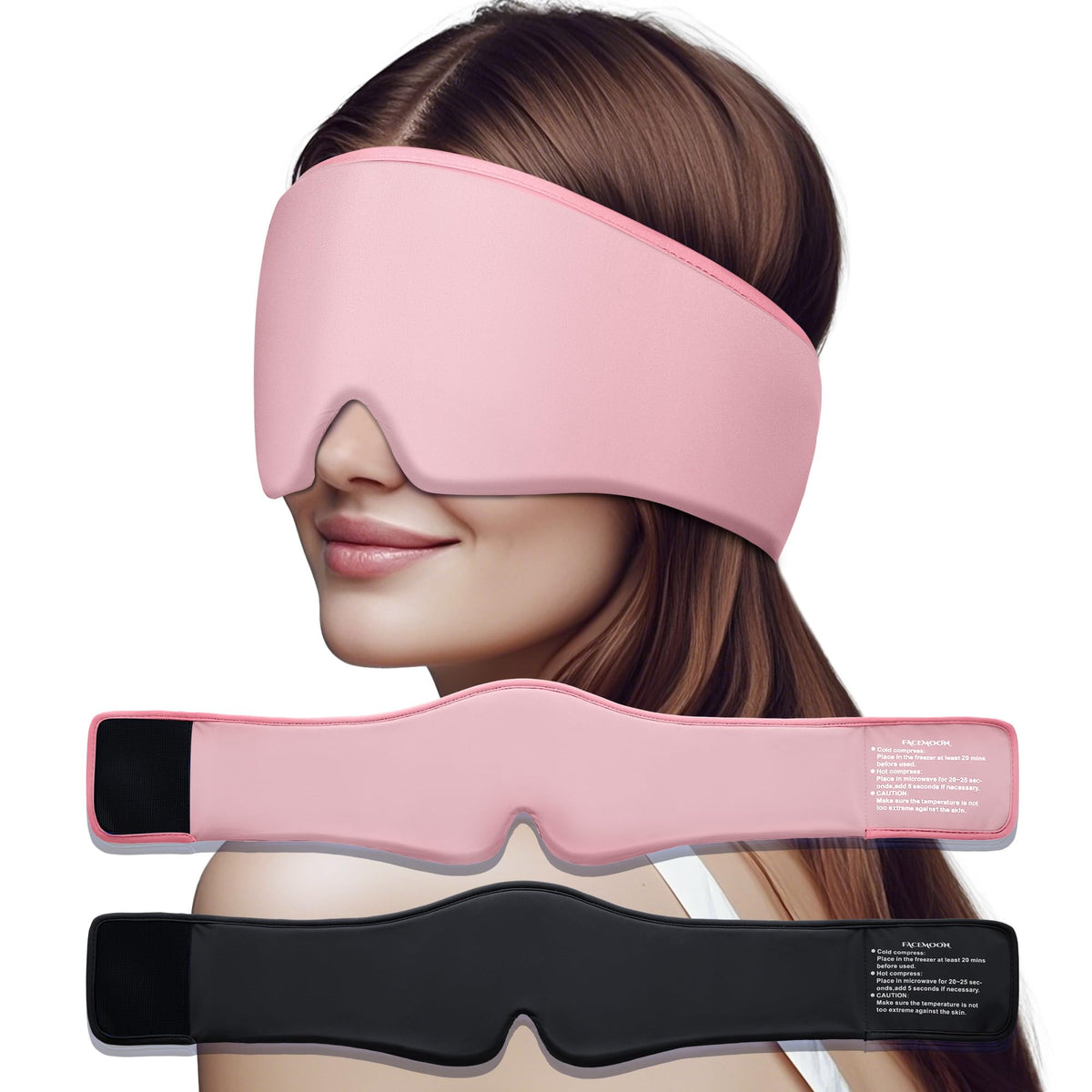 FACEMOON 2-pack cooling eye masks in black and pink, soothing puffiness.