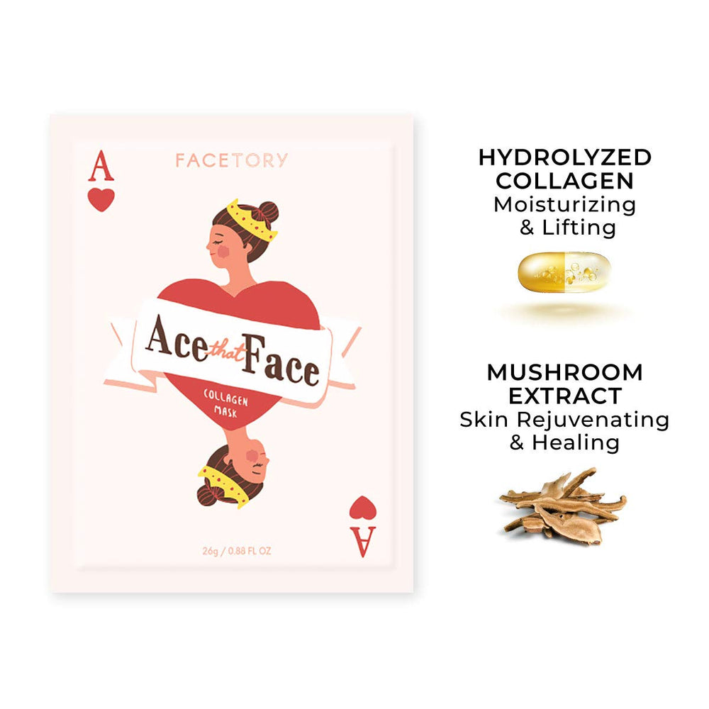FACETORY Ace That Face sheet mask application shows rejuvenating hydration for dry skin