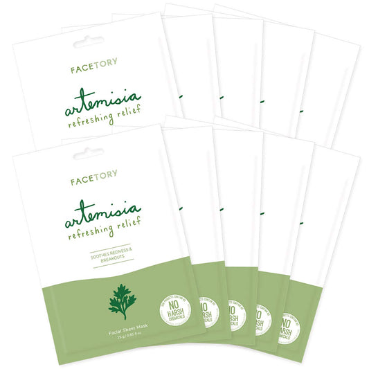 FACETORY Artemisia refreshing relief sheet mask provides lightweight hydration for calm skin.
