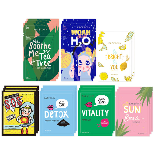 FACETORY Best of 7 collection packaging highlights variety for all skin types.
