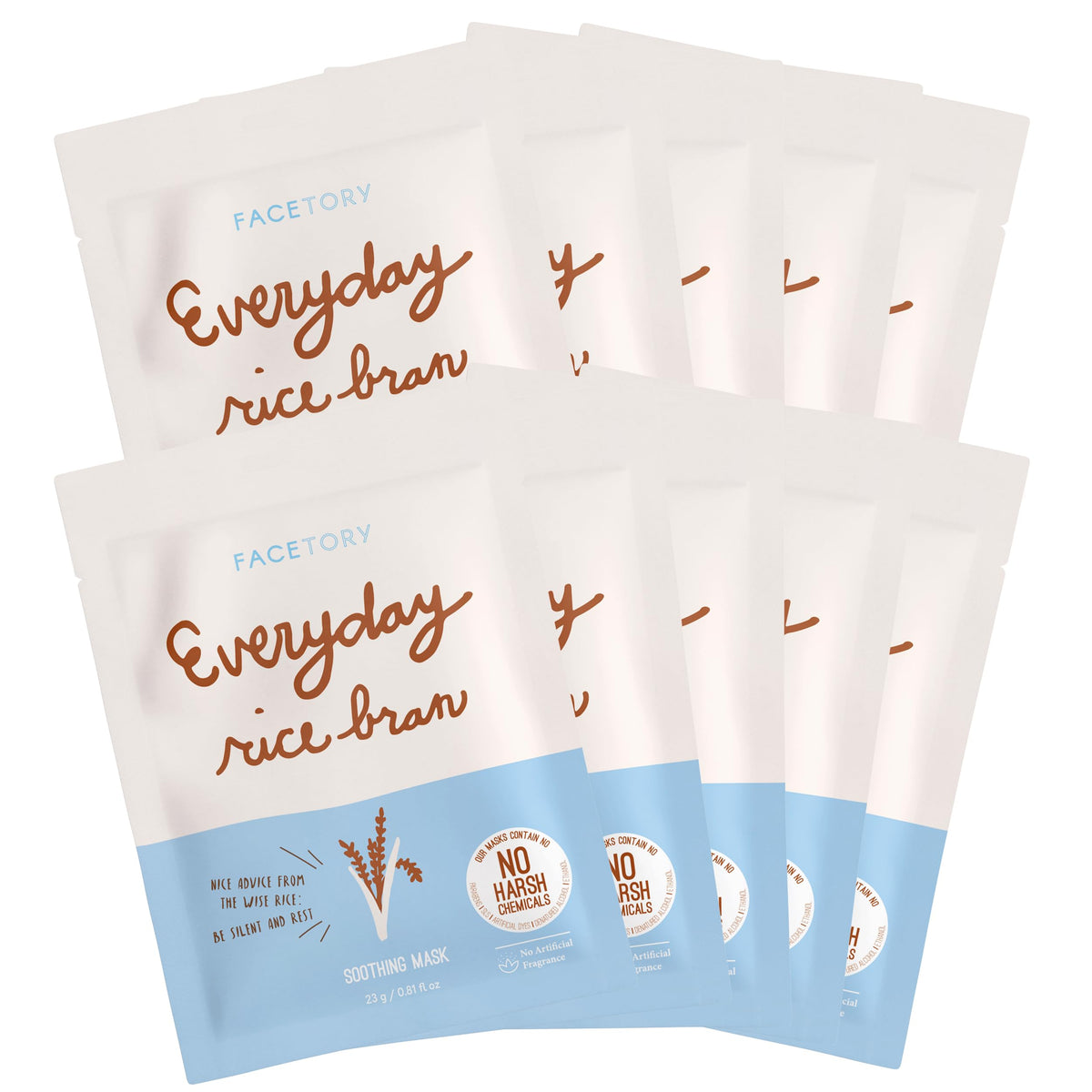 FACETORY rice-bran sheet mask pack showing hydration and even skin tone benefits