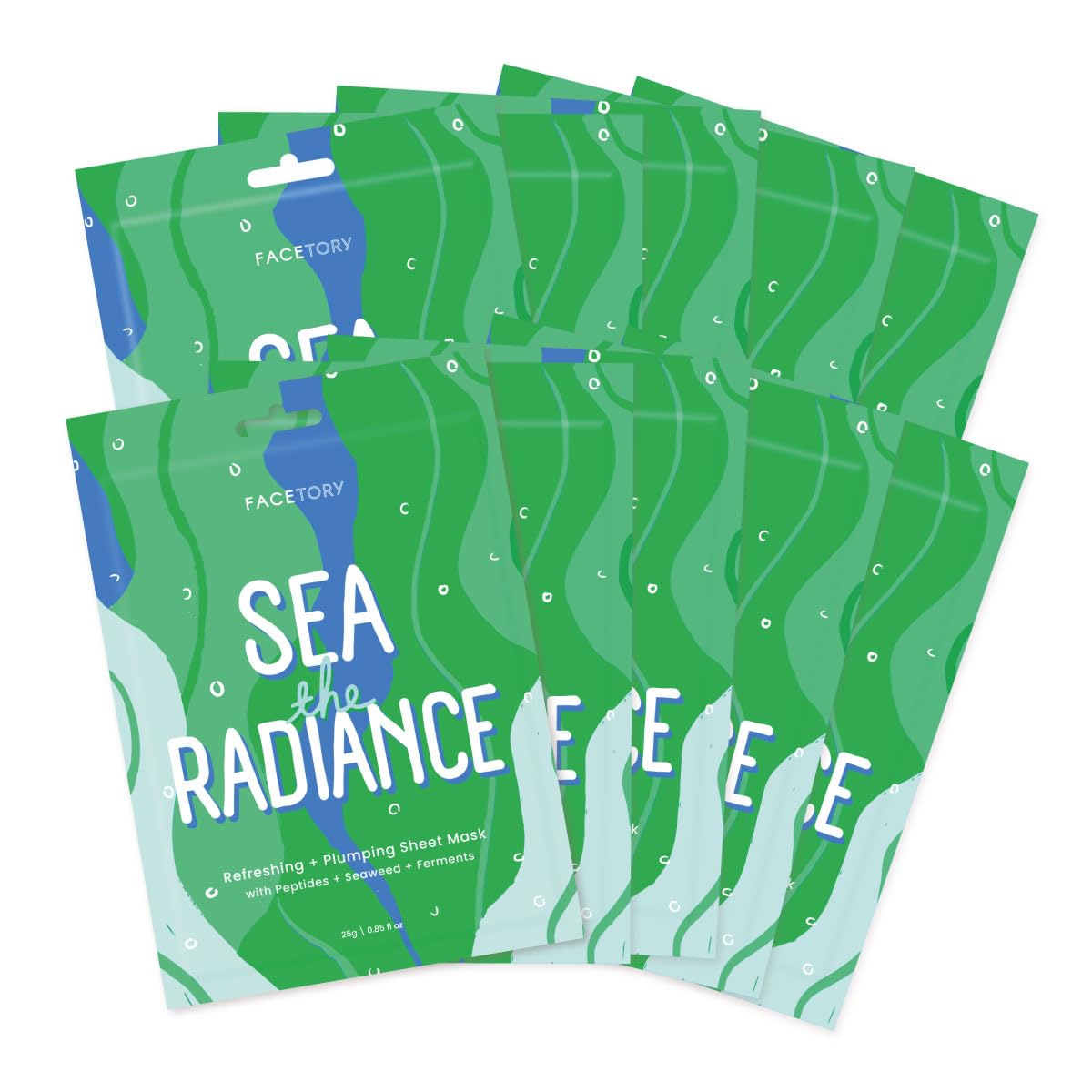 FACETORY Sea the Radiance pack front, inviting a refreshing at-home skincare routine.
