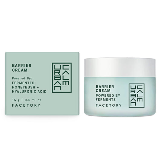 FACETORY Urban Calm Barrier Cream bottle shown, hydrating daily moisturizer for all skin types.