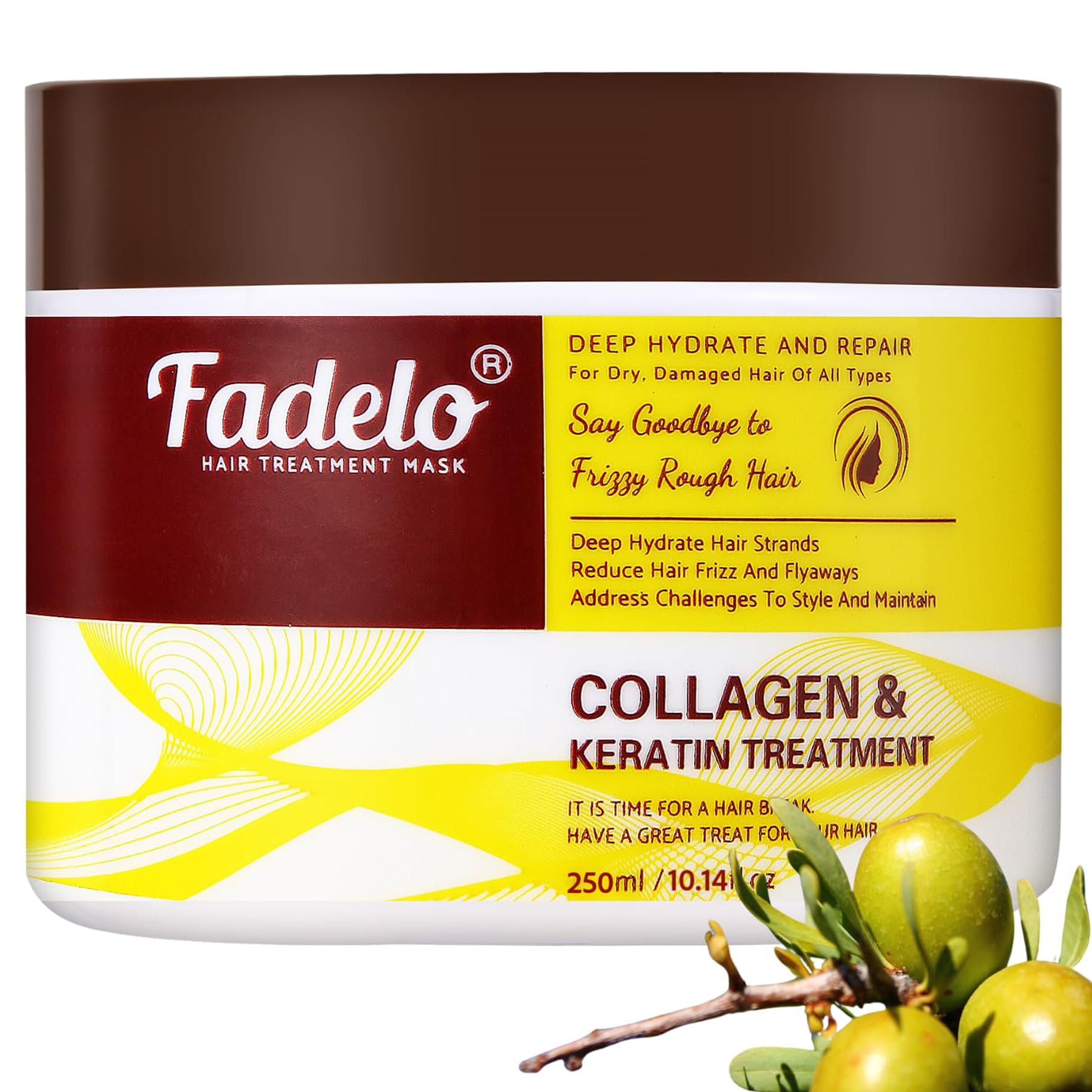 Fadelo Collagen+Keratin Hair Mask bottle highlighting deep conditioning formula