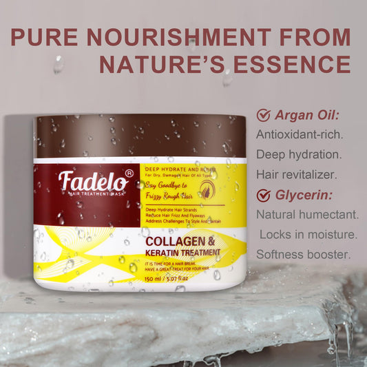 Close-up of Fadelo label showing keratin infusion for frizz control