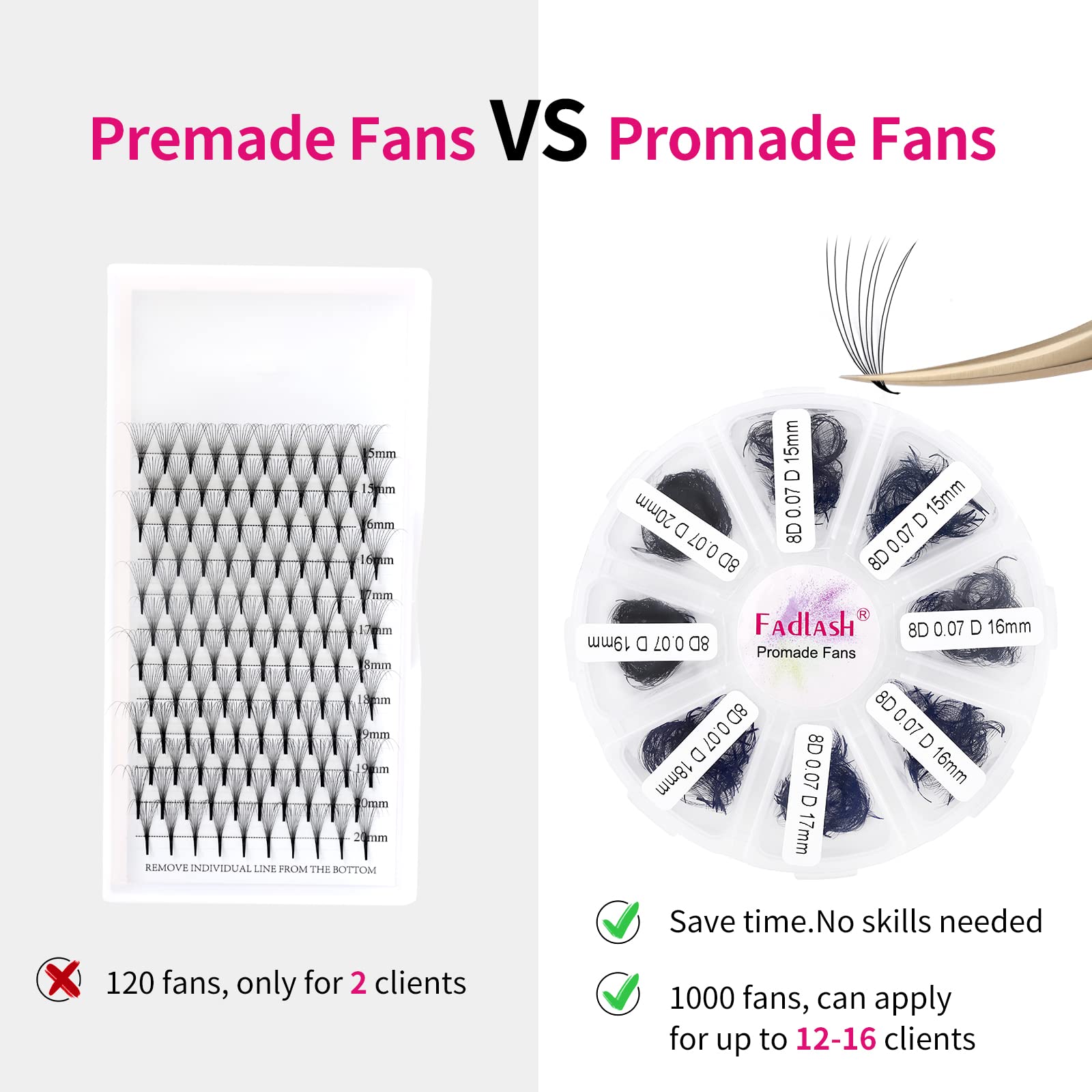 FADLASH premade fans color options including black and light pink