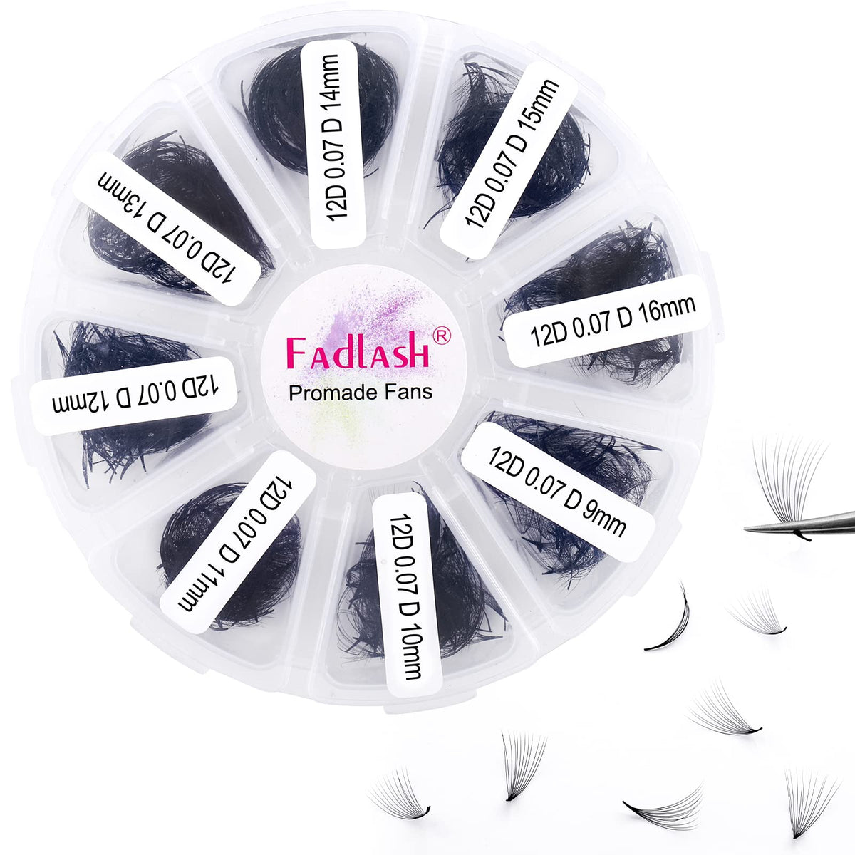 FADLASH premade fans in D curl, 12D-0.07D, 9–16mm for easy volume lashes.