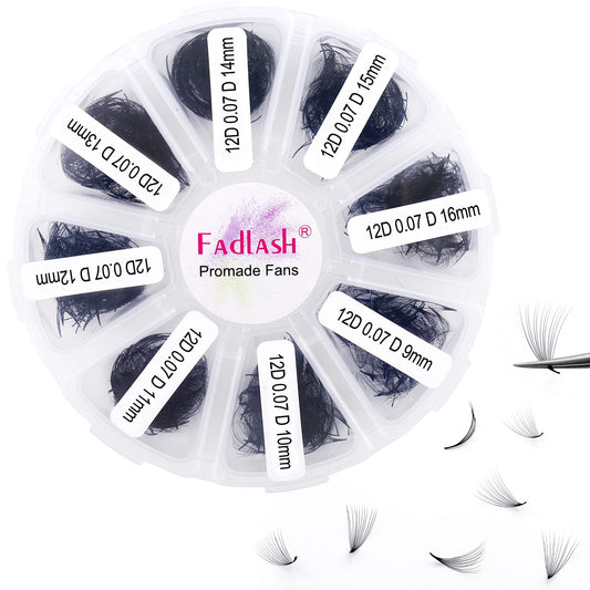 FADLASH premade fans in D curl, 12D-0.07D, 9–16mm for easy volume lashes.