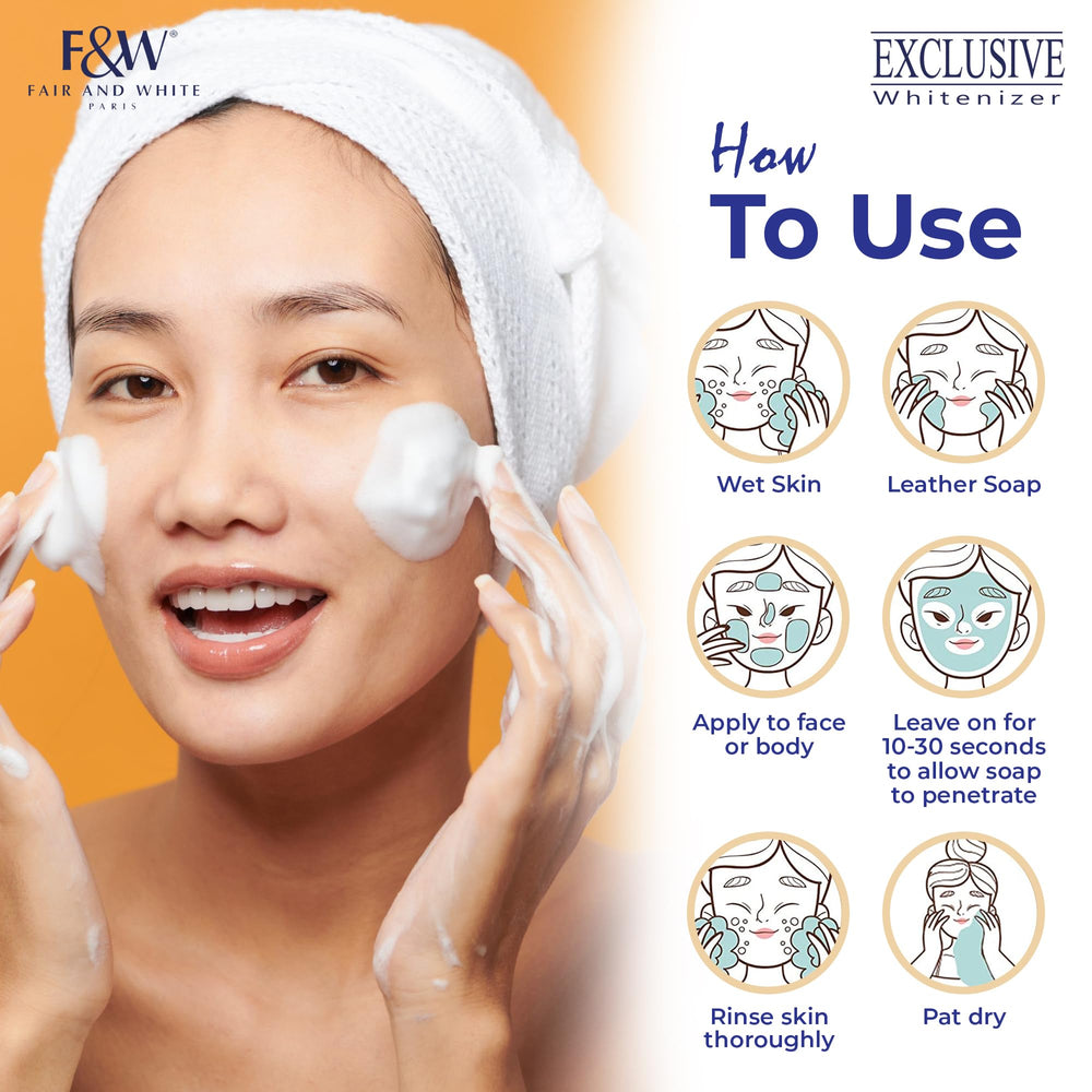 FAIR & WHITE exclusive exfoliating soap packaging on sink with skincare routine inspiration