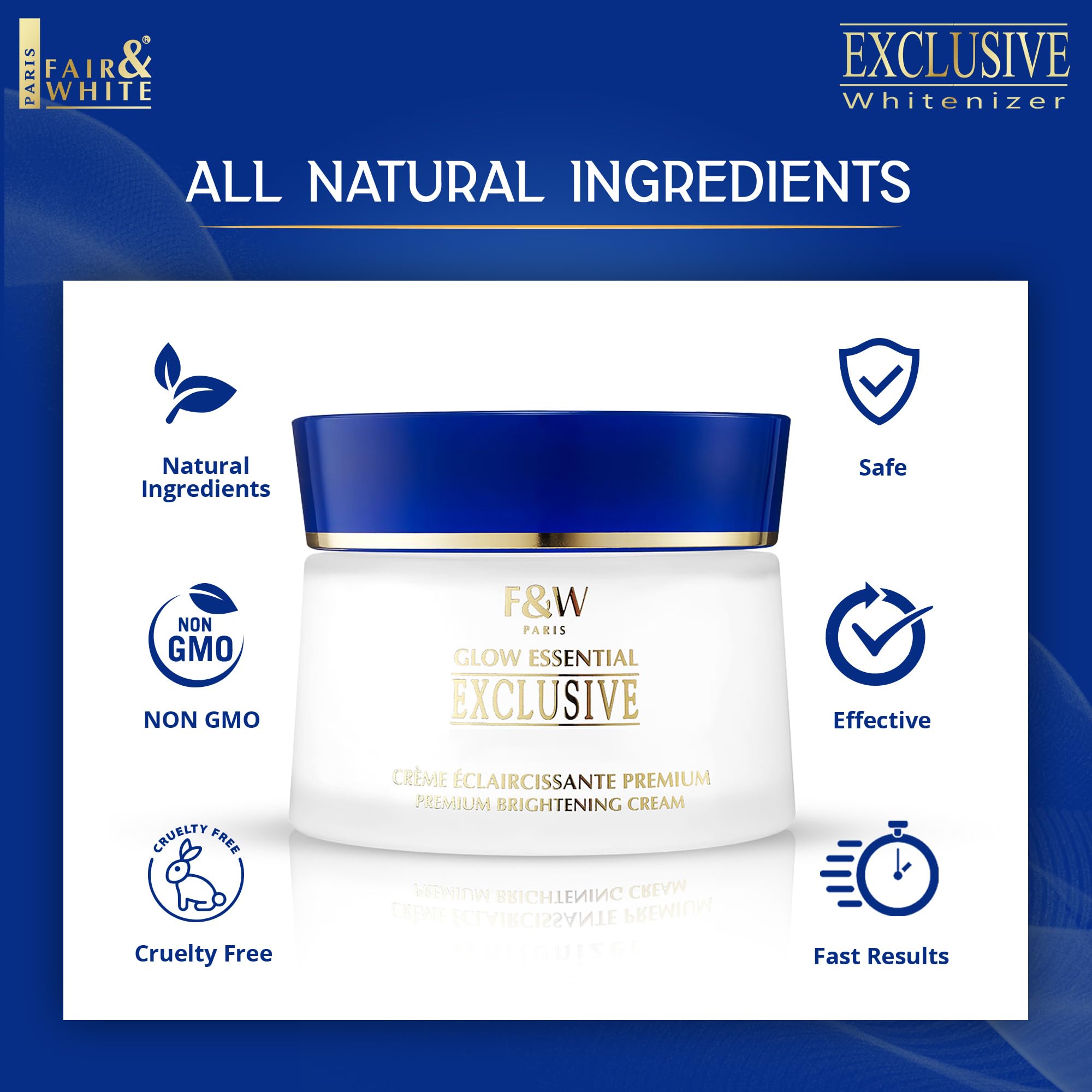 Fair & White Exclusive Fade packaging highlights premium skincare solution.