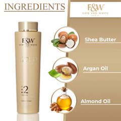Packaging of FAIR & WHITE Gold Revitalizing Body Lotion signals premium daily care.