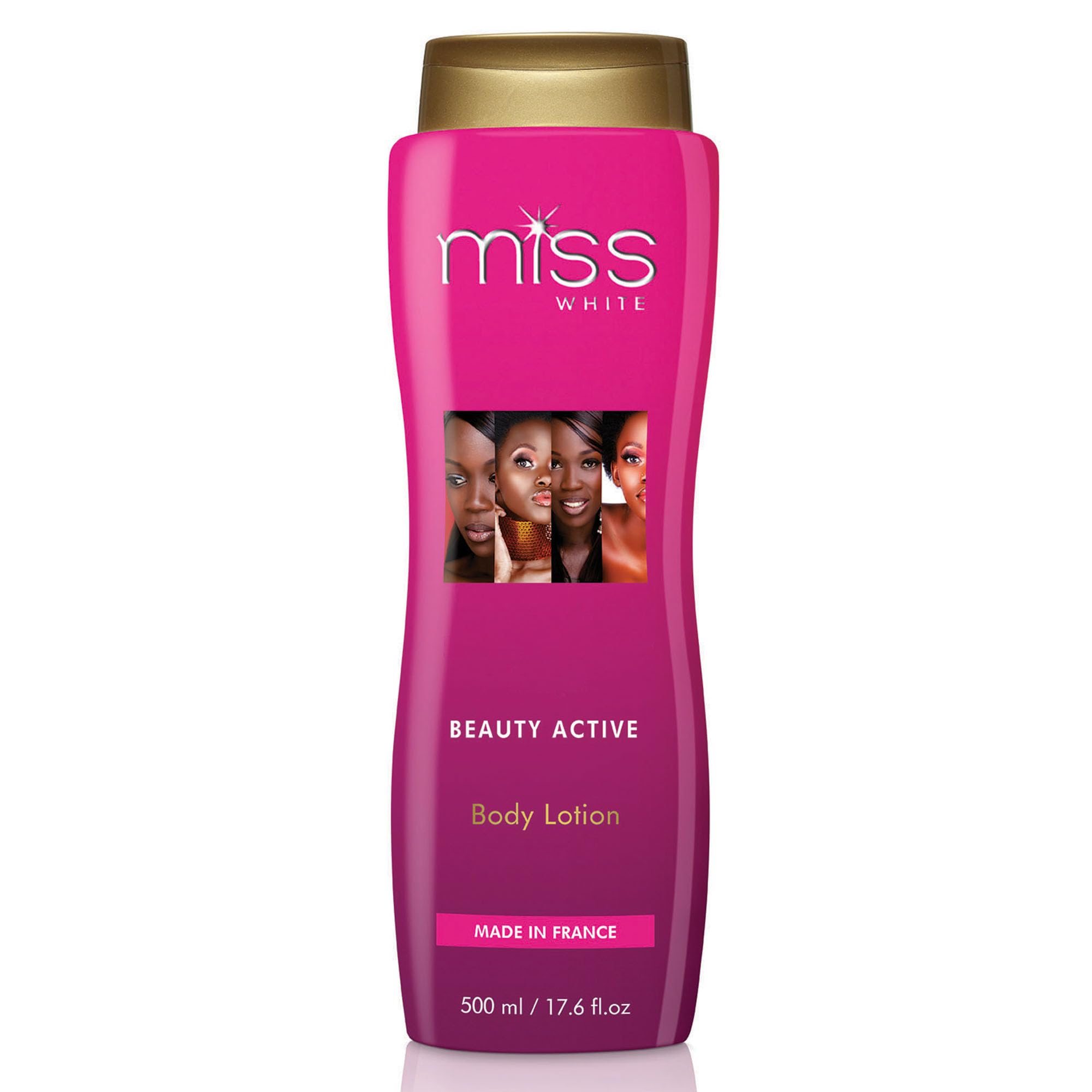 Miss White bottle close-up showing moisturizing lotion for smooth skin.