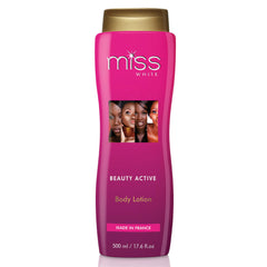 Miss White bottle close-up showing moisturizing lotion for smooth skin.
