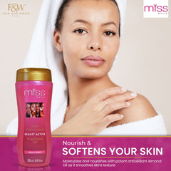 Miss White Brightening Oil application on skin for even tone and glow.
