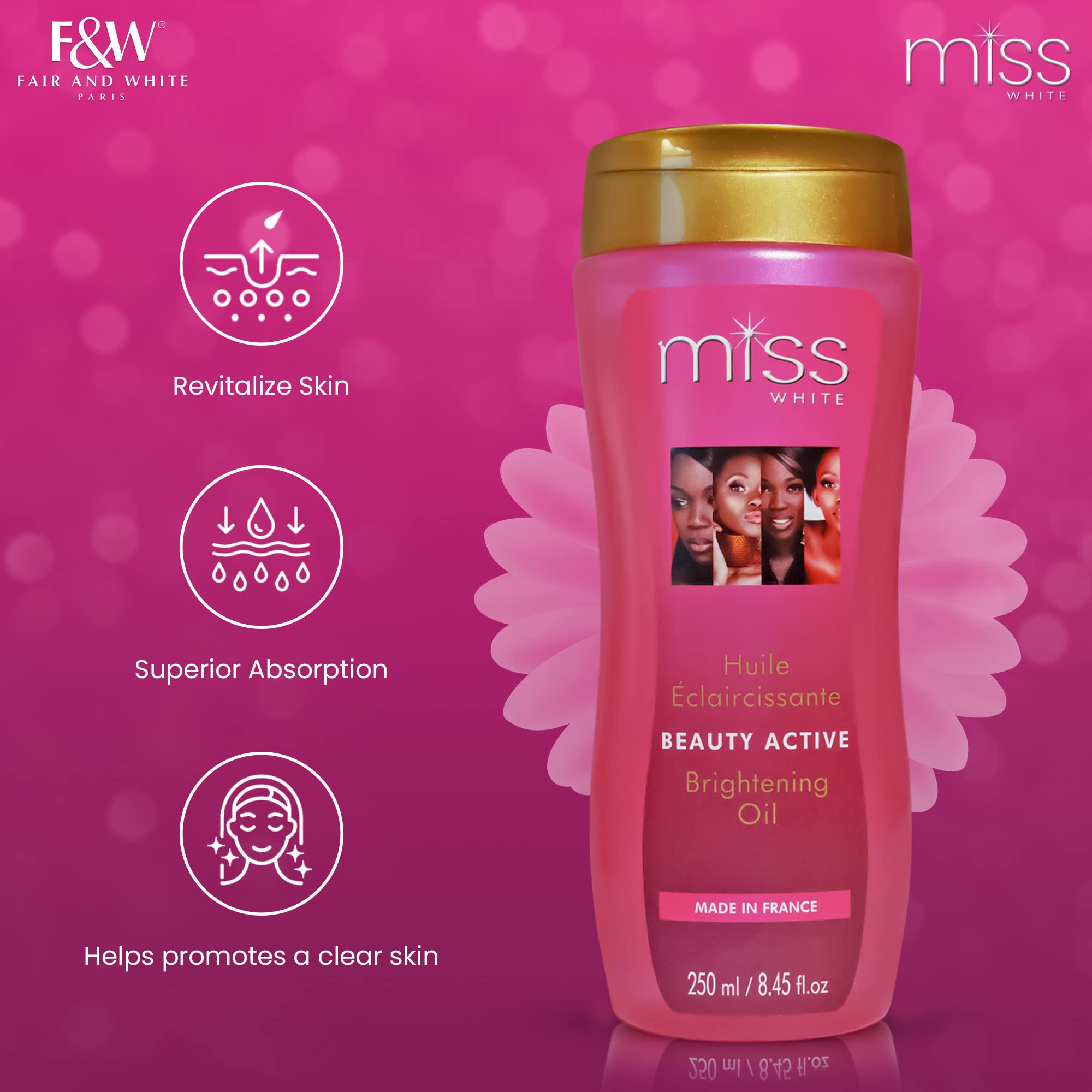 Miss White Brightening Oil pump-top bottle enables easy daily use.
