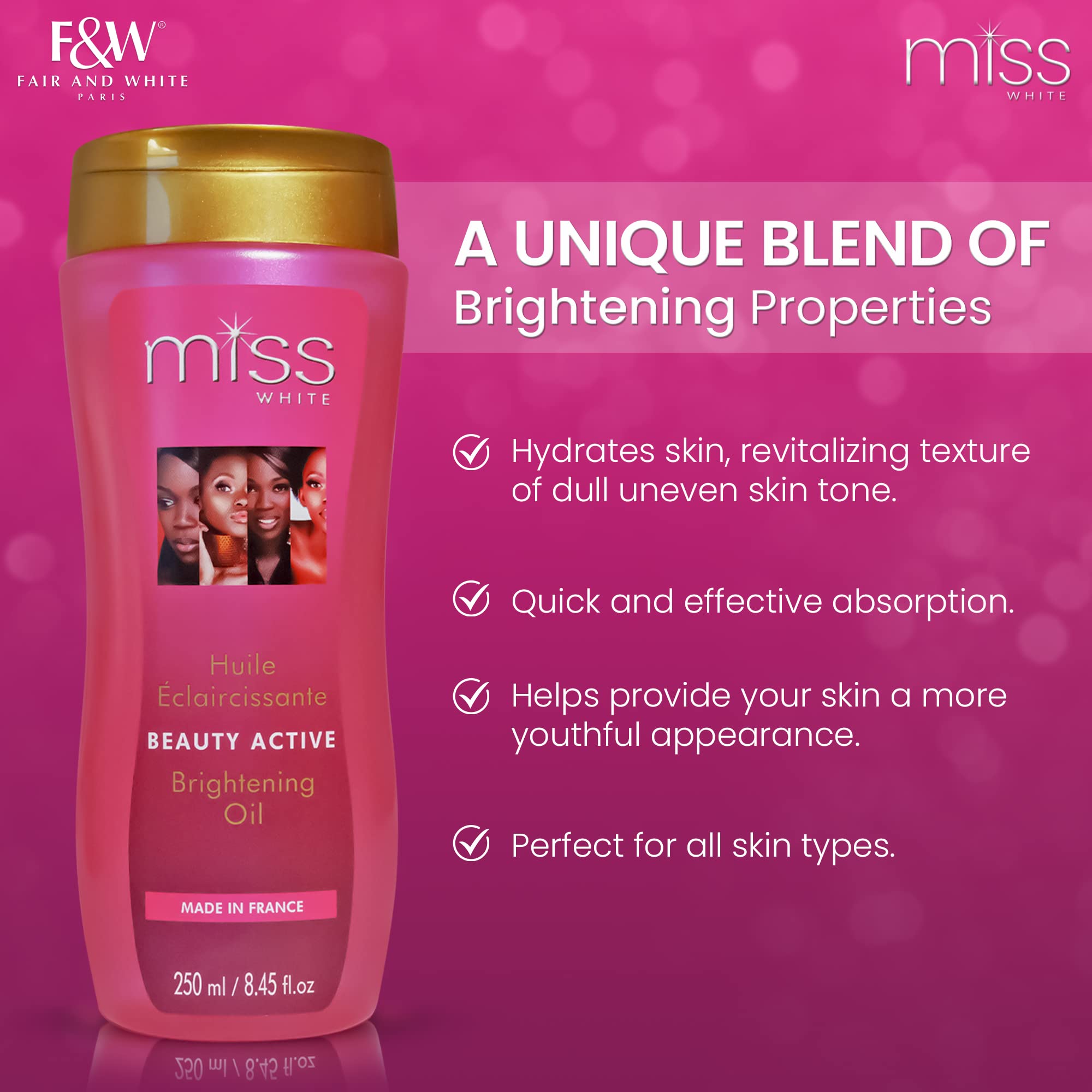 FAIR & WHITE Miss White Brightening Oil packaging highlights almond oil and Lumiskin.