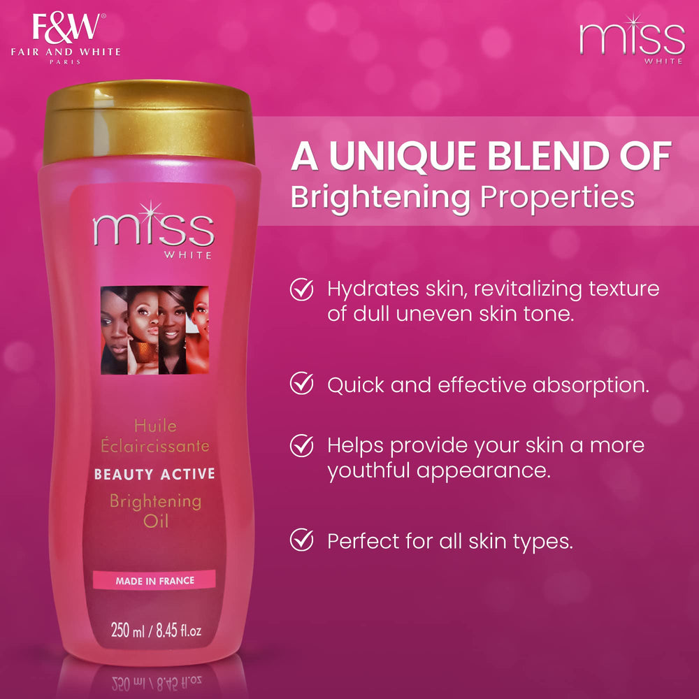 FAIR & WHITE Miss White Brightening Oil packaging highlights almond oil and Lumiskin.