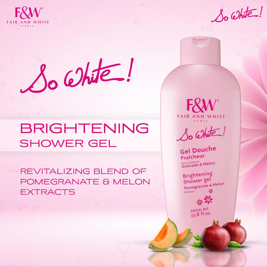 FAIR & WHITE So White bottle lather showing silky, moisturizing wash during your shower ritual.