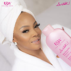 FAIR & WHITE So White packaging on display communicates brand promise and full-size bottle.