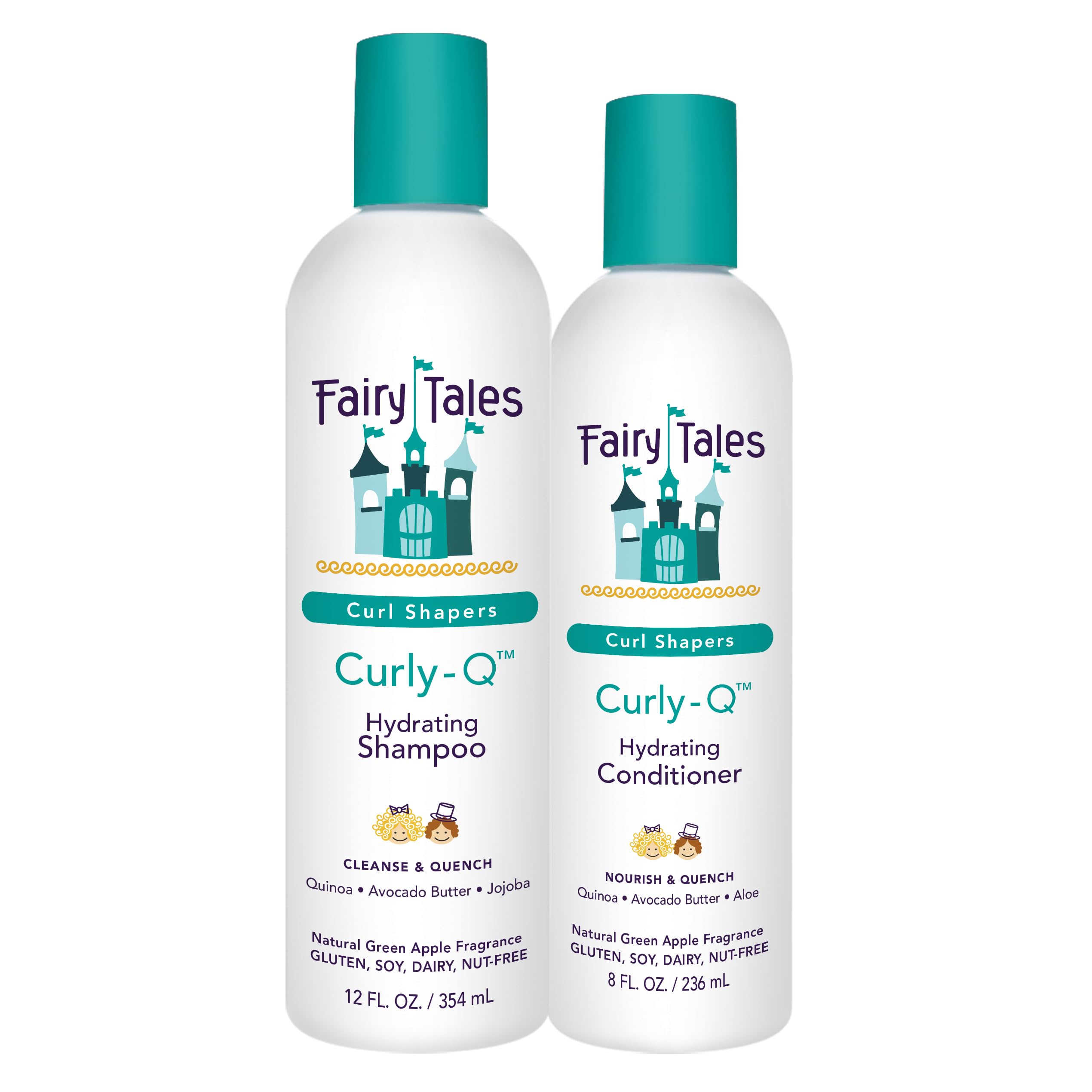 Fairy Tales Curly Q shampoo bottle demonstrates kid-friendly hydration for curls.