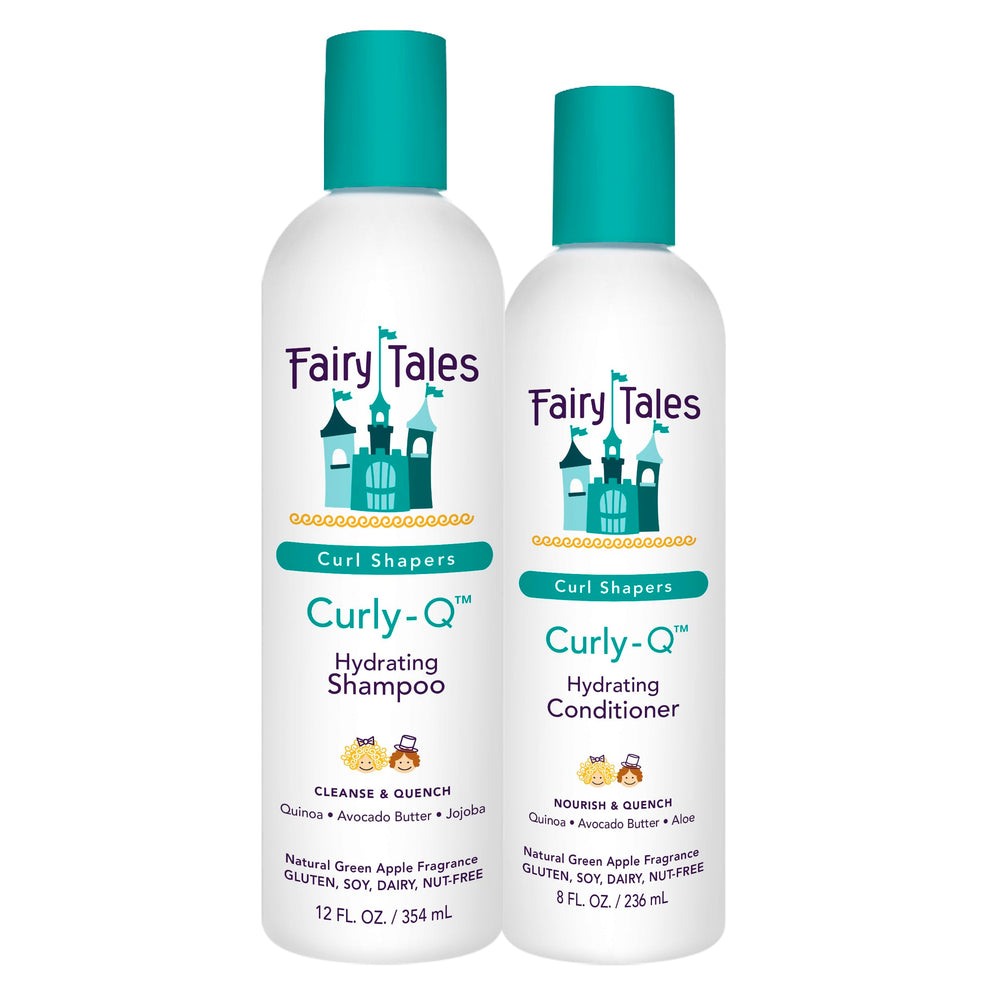 Fairy Tales Curly Q shampoo bottle demonstrates kid-friendly hydration for curls.