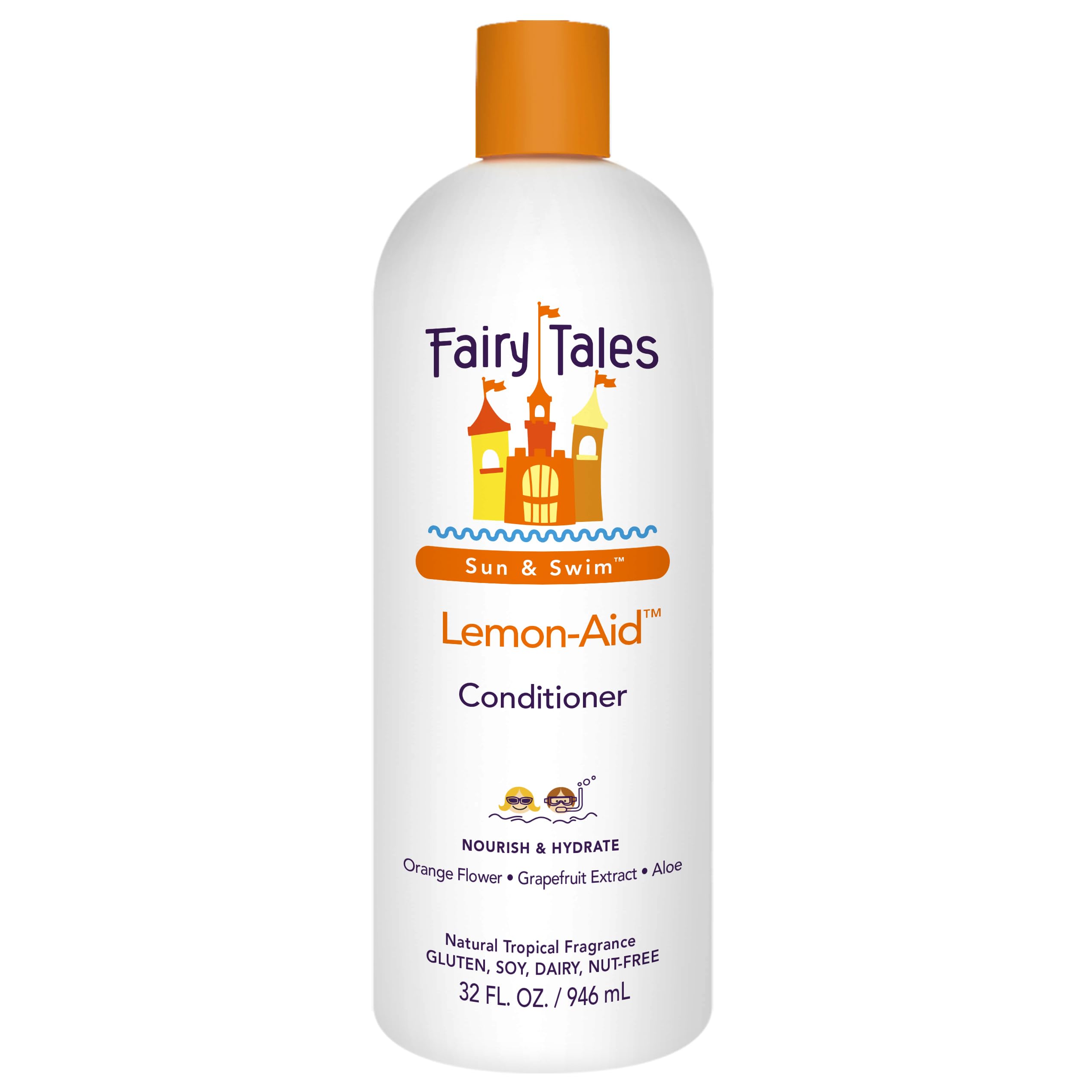 Fairy Tales Swimmer Conditioner bottle close-up for hydrated kid hair.
