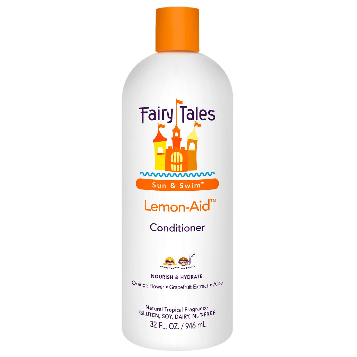 Fairy Tales Swimmer Conditioner bottle close-up for hydrated kid hair.