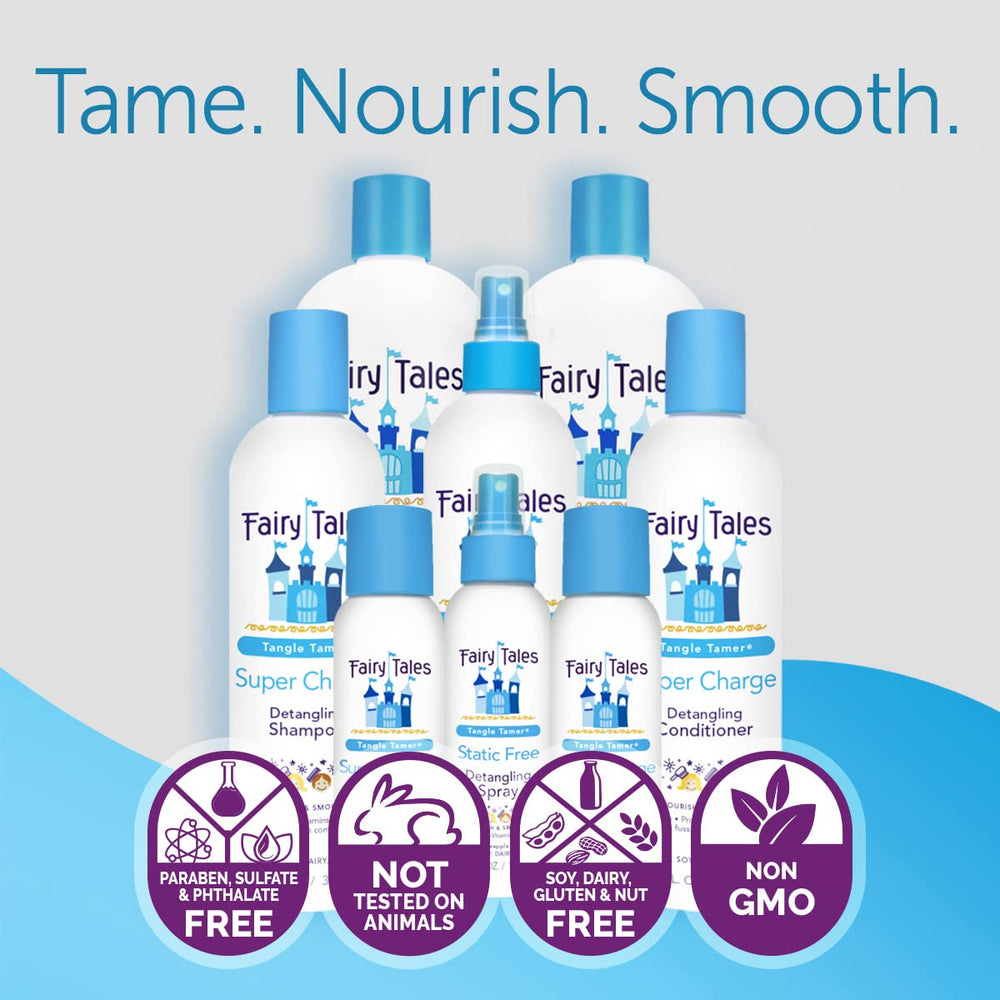 Two-pack Fairy Tales Tangle Tamer packaging displayed on a bathroom shelf