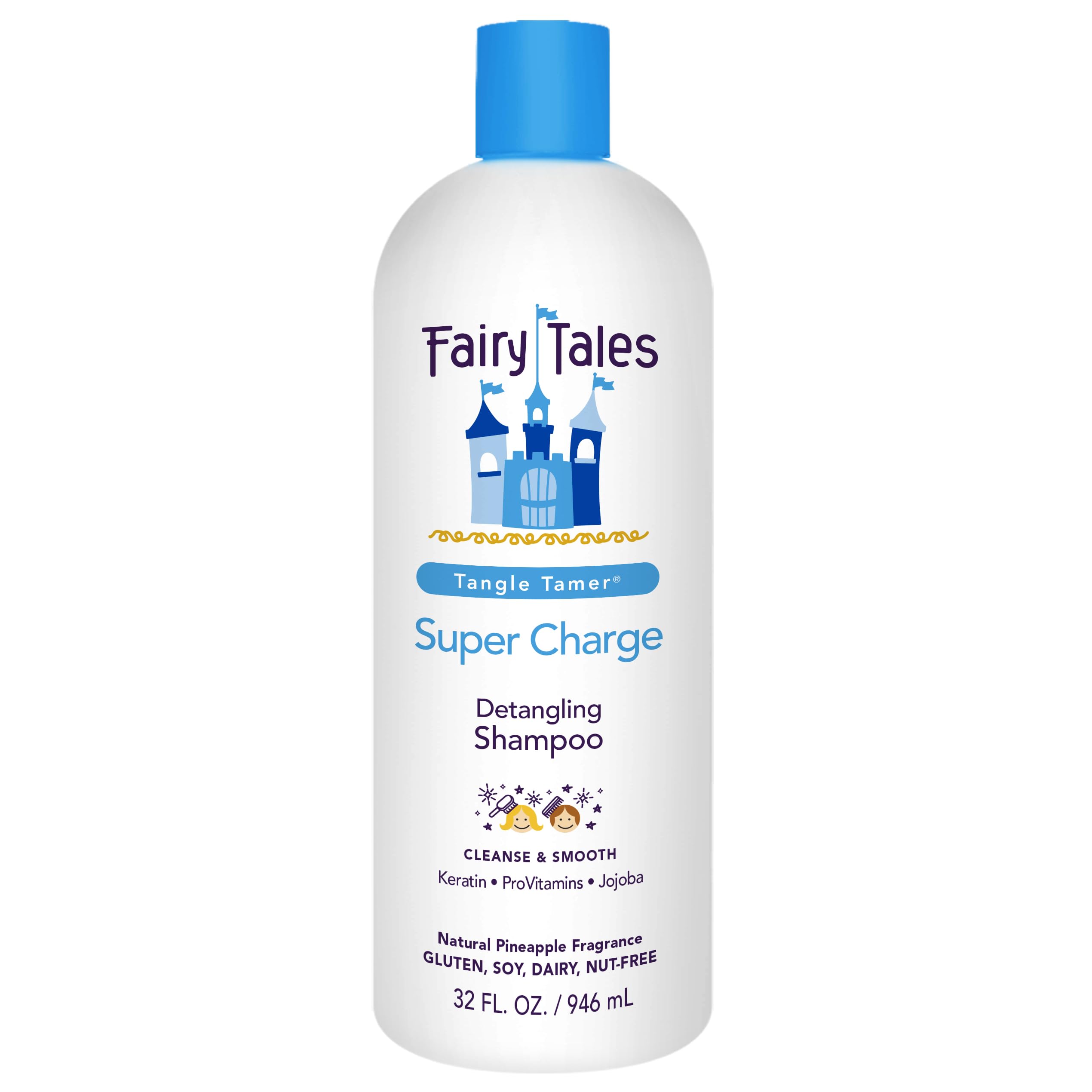 Fairy Tales Tangle Tamer bottle front demonstrates kid-friendly detangler for easy brushing.