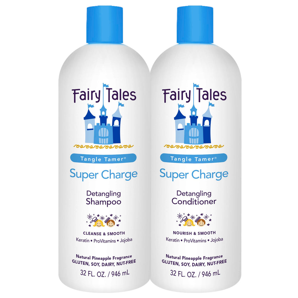 Fairy Tales Tangle Tamer shampoo bottle pouring for easy detangling and frizz protection