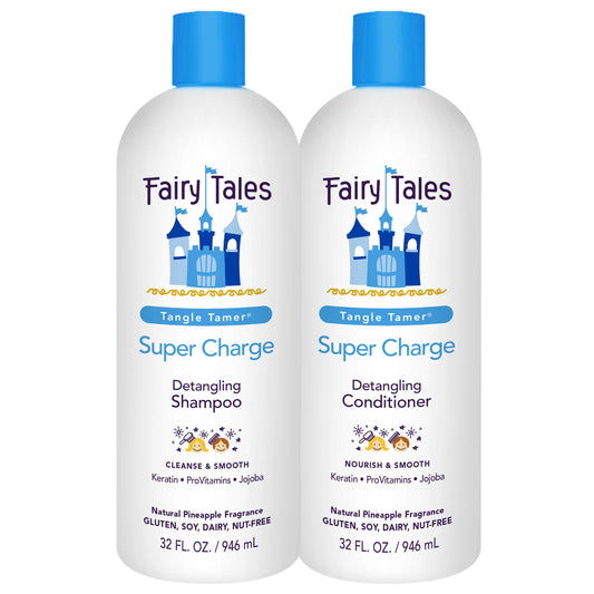 Fairy Tales Tangle Tamer shampoo bottle pouring for easy detangling and frizz protection