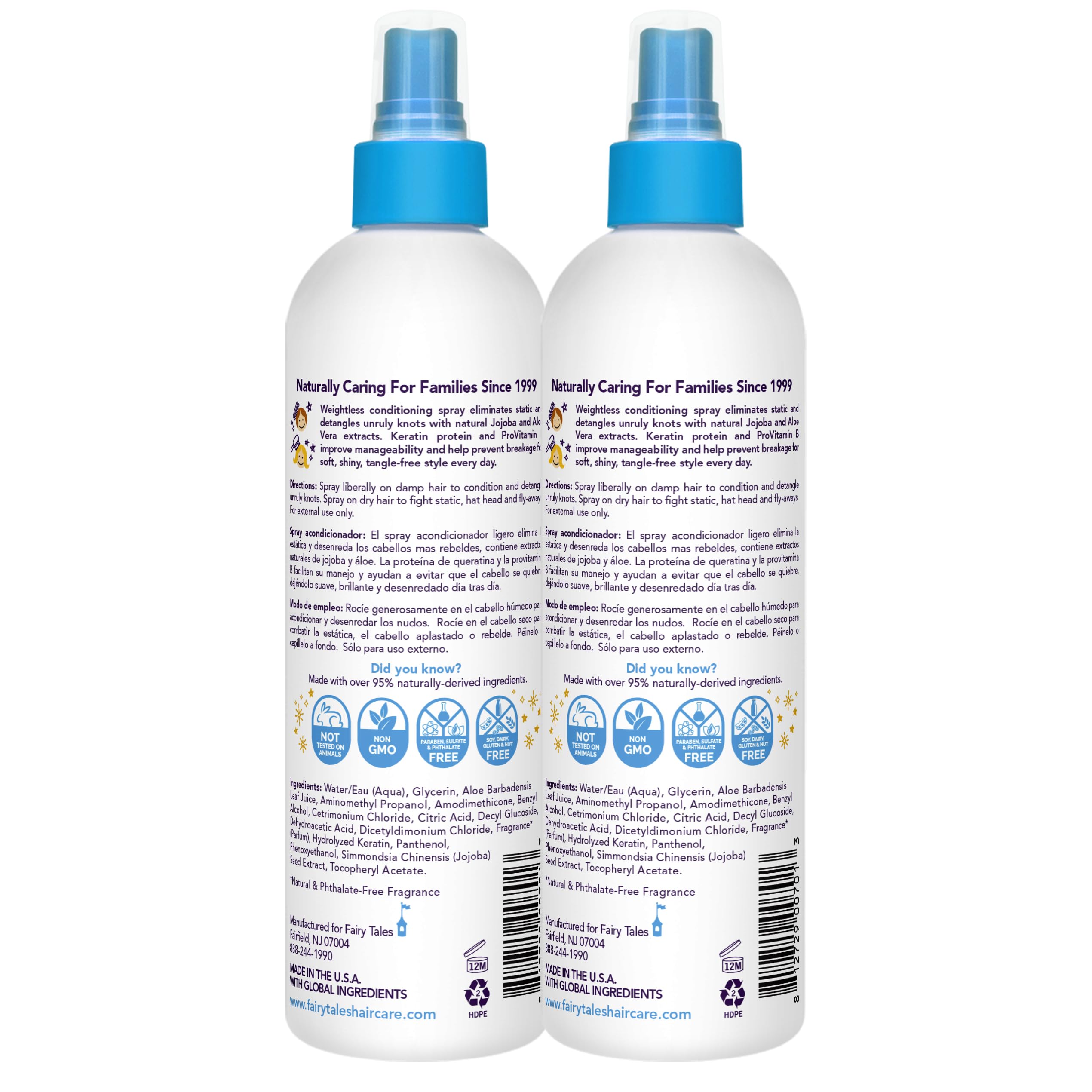Fairy Tales Tangle Tamer spray label close-up highlighting paraben-free formula.