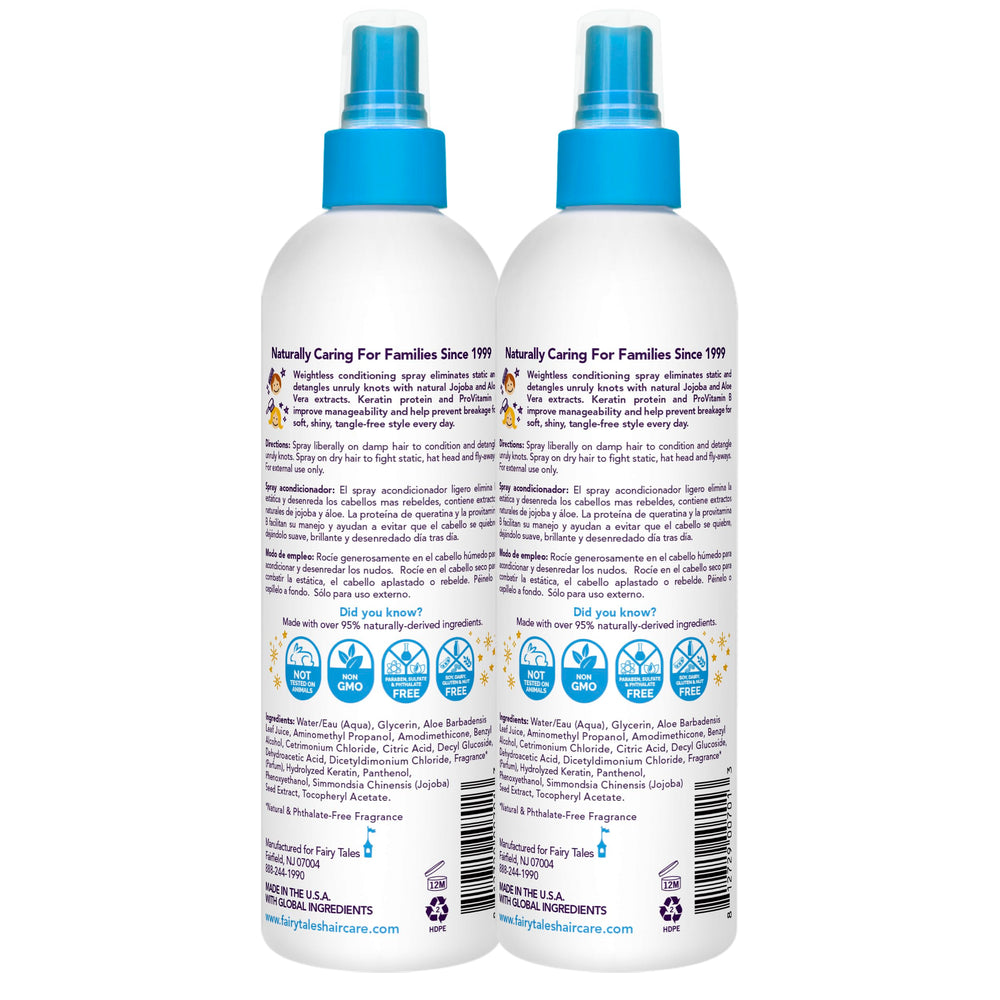 Fairy Tales Tangle Tamer spray label close-up highlighting paraben-free formula.