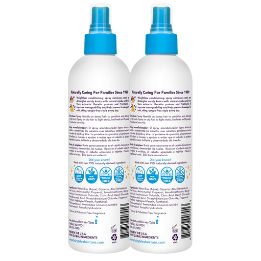 Fairy Tales Tangle Tamer spray label close-up highlighting paraben-free formula.