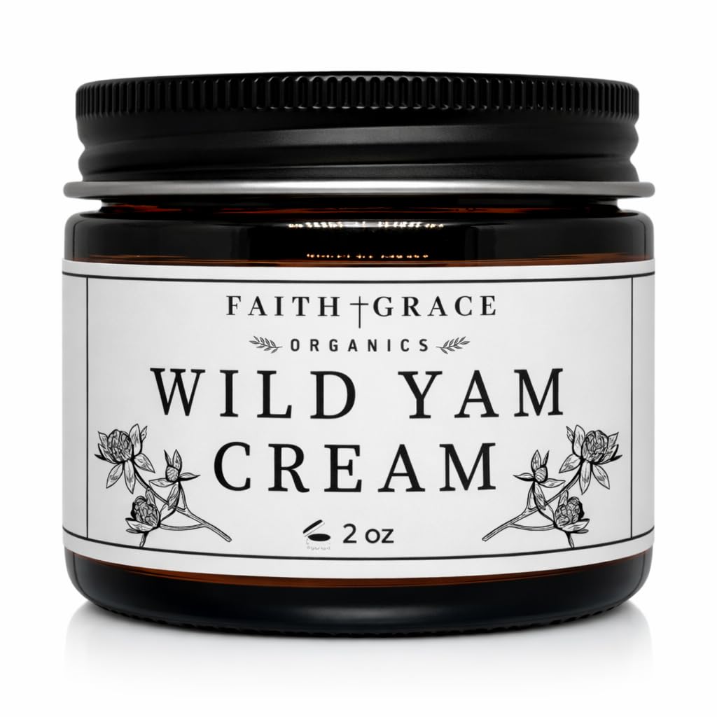 Faith and Grace Organics Wild Yam Cream bottle highlighting organic formula for hormonal balance.