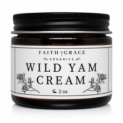Faith and Grace Organics Wild Yam Cream bottle highlighting organic formula for hormonal balance.