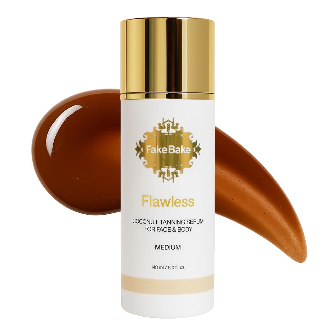Fake Bake Flawless Coconut serum bottle close-up, premium self-tanner for radiant skin