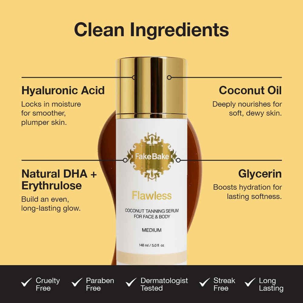 Fake Bake Flawless Coconut serum with included gloves for easy application