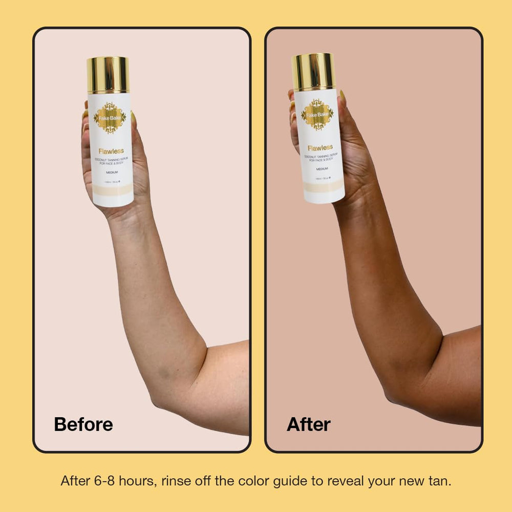 Fake Bake Flawless Coconut serum on skin creating bronze glow