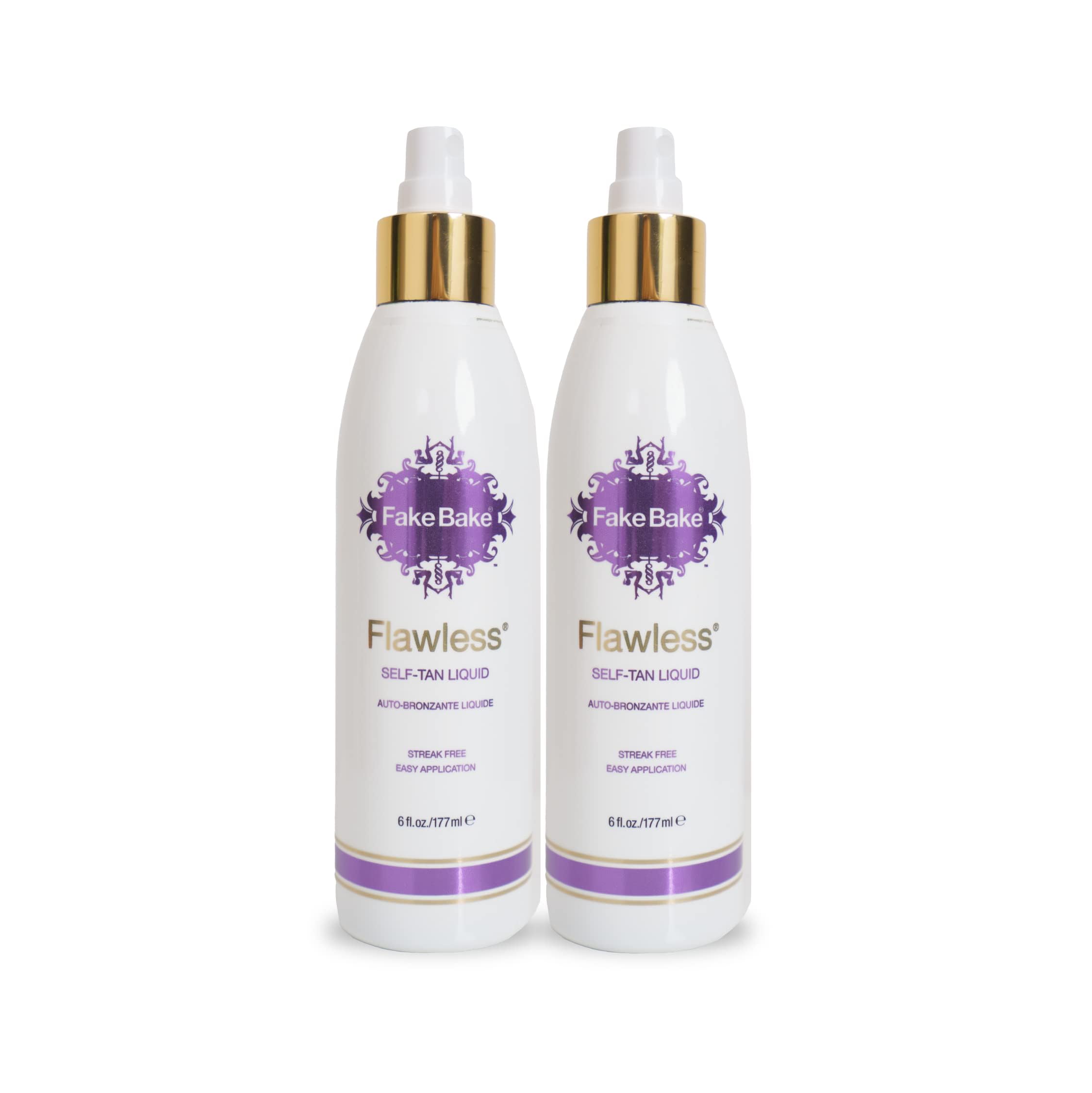 Fake Bake Flawless self-tanning liquid bottle showing quick-dry formula for a natural glow