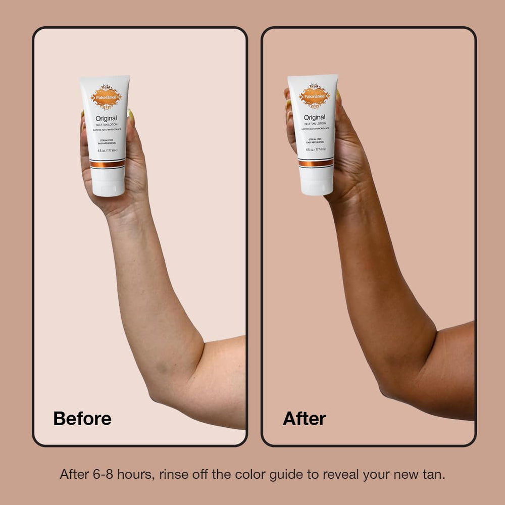 Color guide on bottle demonstrates even coverage across arms and legs.