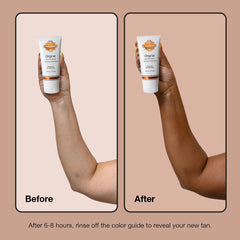 Color guide on bottle demonstrates even coverage across arms and legs.