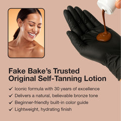 Fake Bake lotion bottle close-up showing swirl texture and buildable color for gradual tanning.
