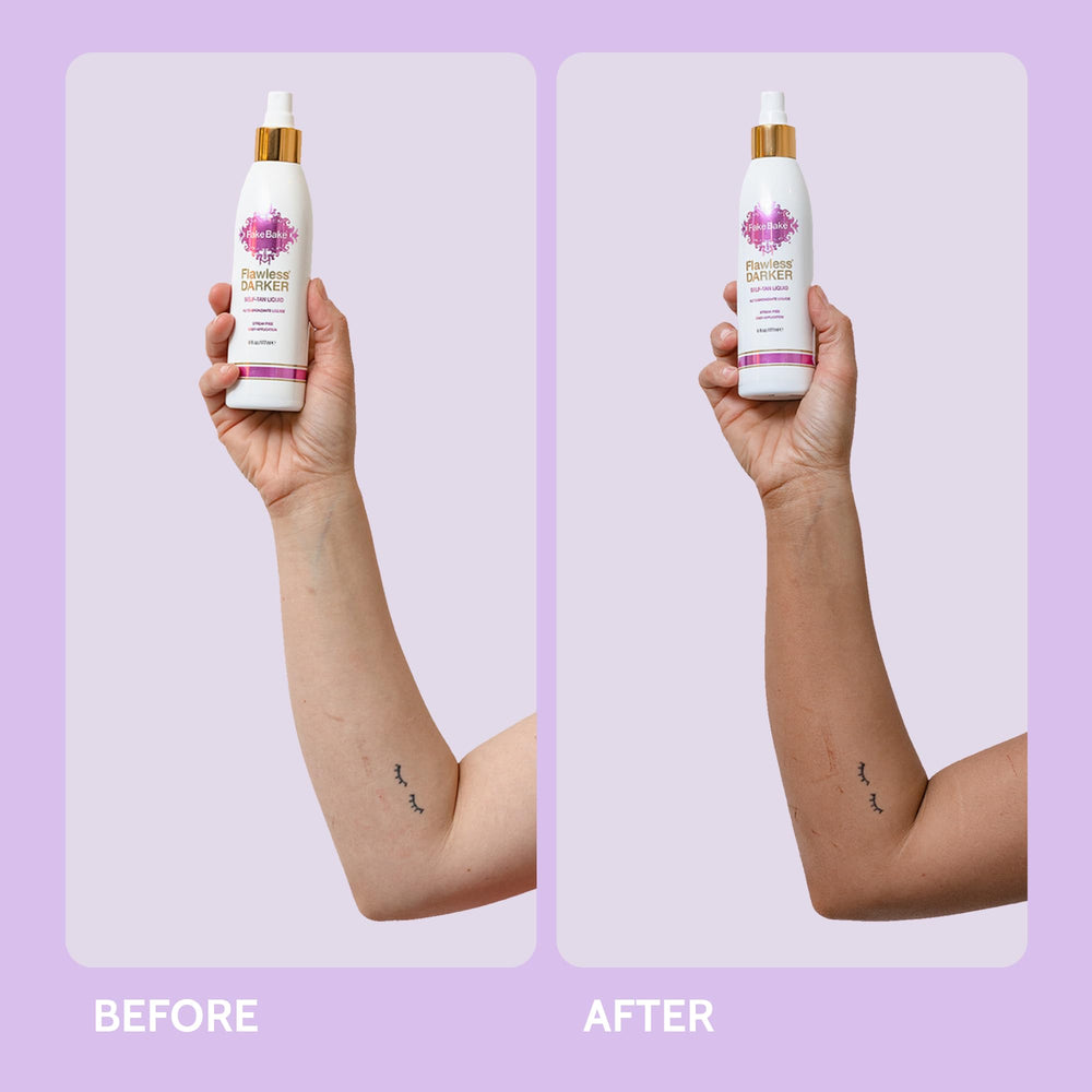 Fake Bake Self Tanning Liquid Flawless Darker being applied for even tone.