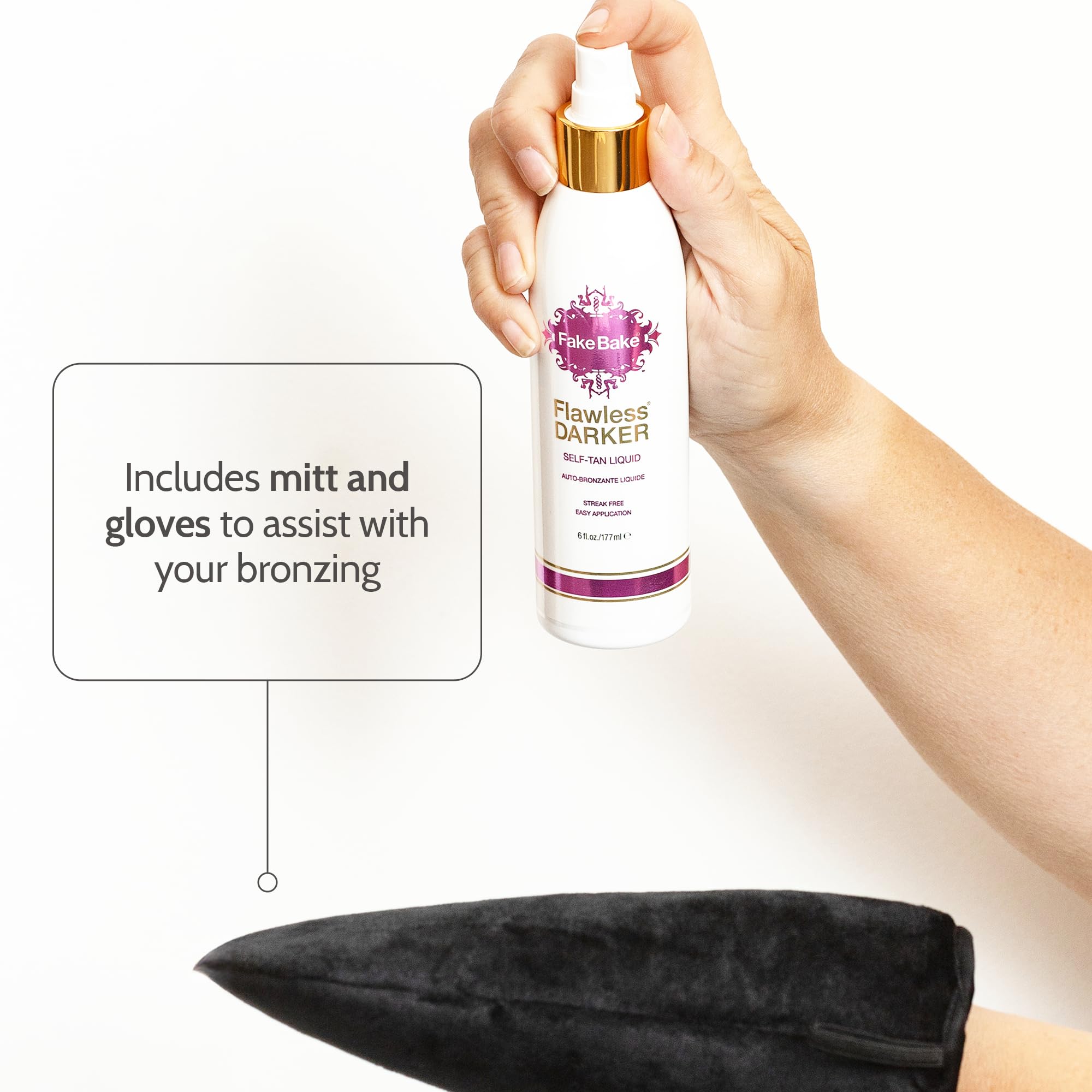 Fake Bake Self Tanning Liquid Flawless Darker included gloves for precise bronzing.